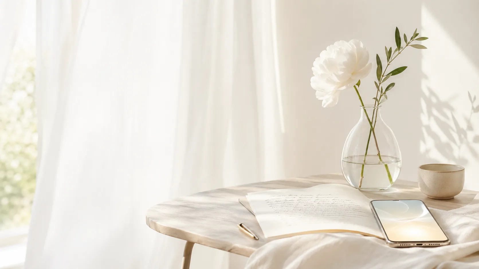 A quiet white morning table with an open letter, flower, and phone
