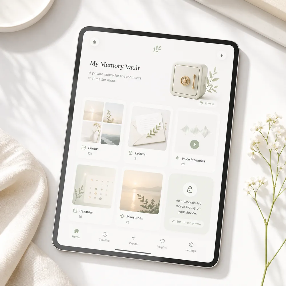 A white tablet mockup showing a private memory vault