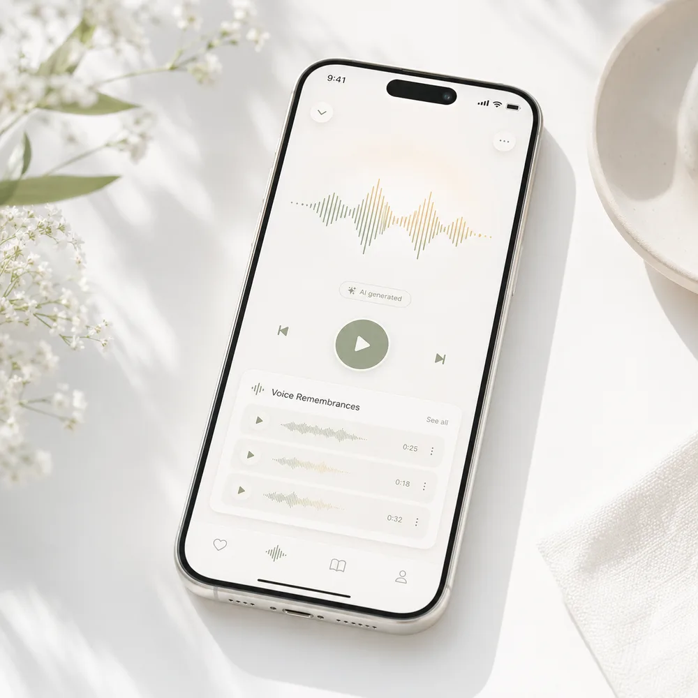A white phone mockup showing an abstract voice remembrance feature